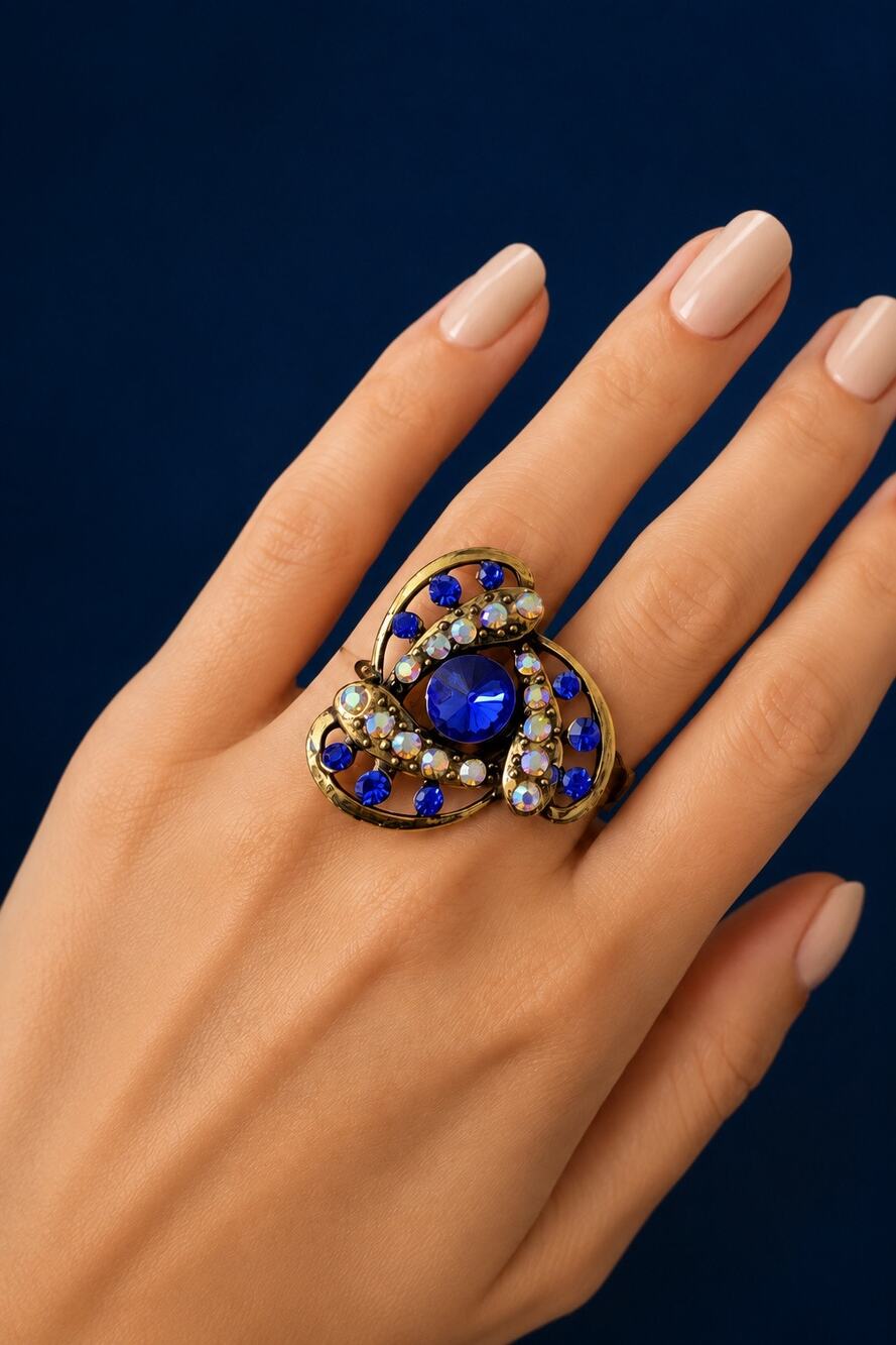 Cobalt Blue Rhinestone Adjustable Cocktail Ring Bronze Tone AB Crystal Statement